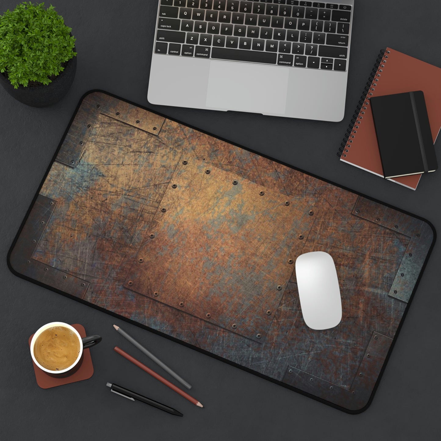 Steampunk Themed Desk Accessories - Patinated, Weather Beaten, Riveted Copper Sheets Print on Neoprene Desk Mat 12 x 22 in situ