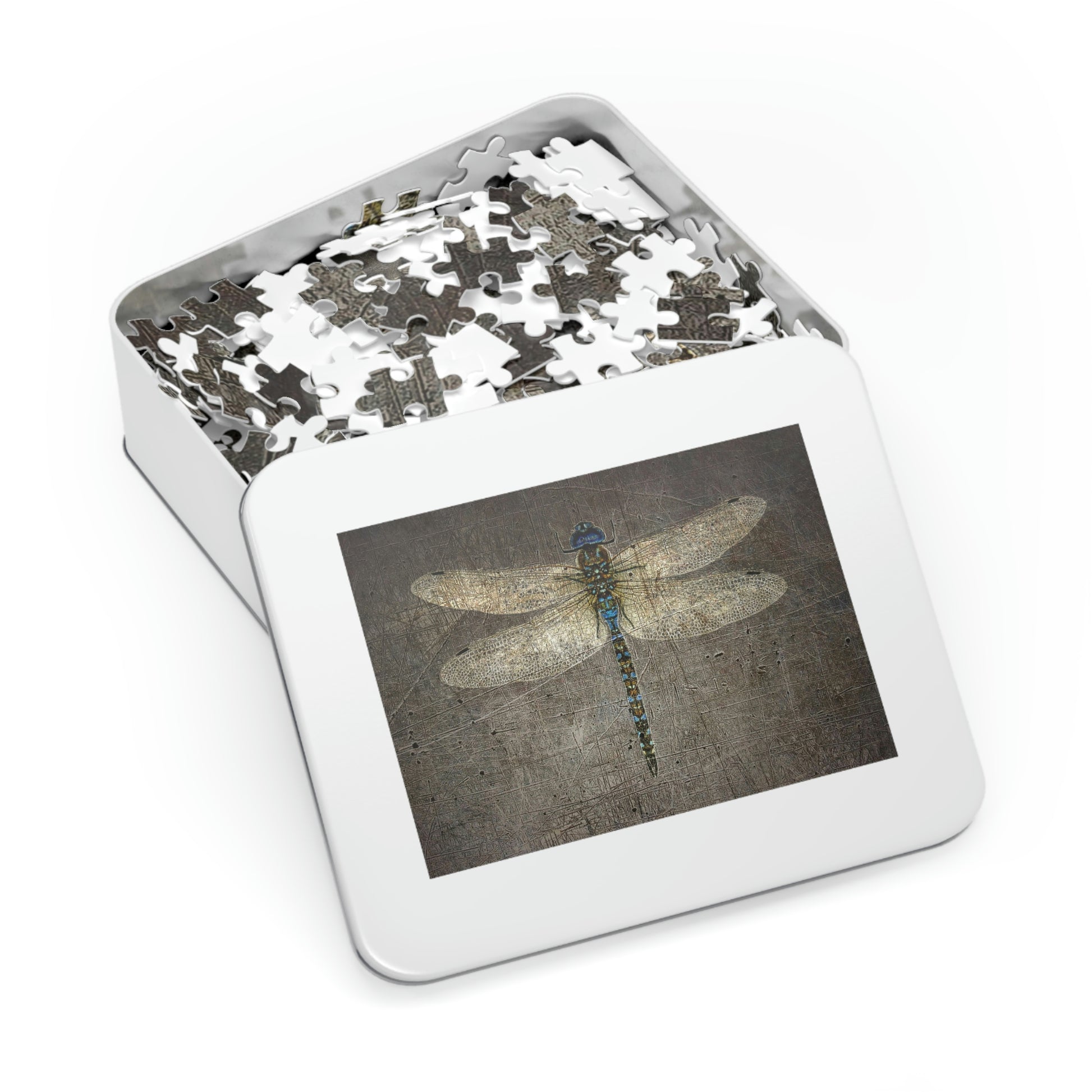 Dragonfly on Distressed Granite Background Puzzle 500 pieces in tin