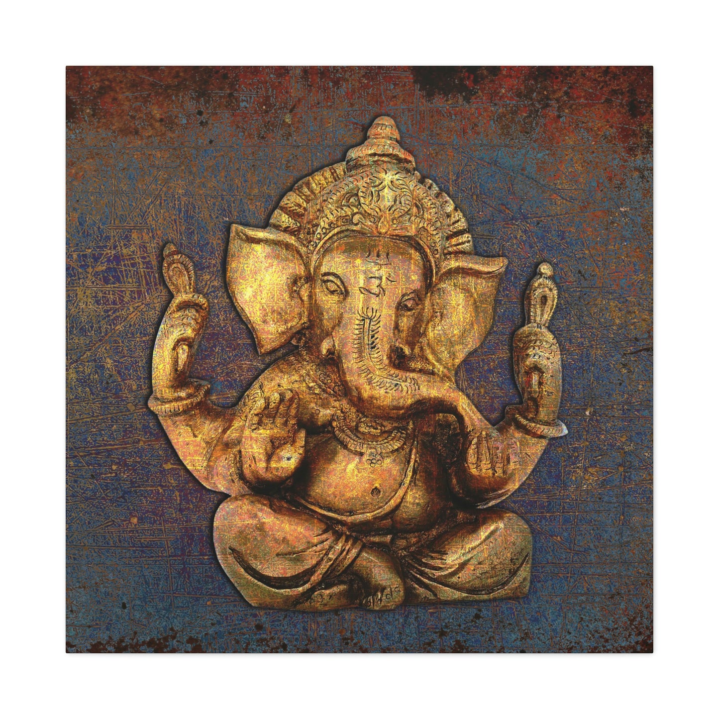 Hinduism Themed Wall Art - Ganesha on a Distressed Purple and Orange Background Printed on Unframed Stretched Canvas