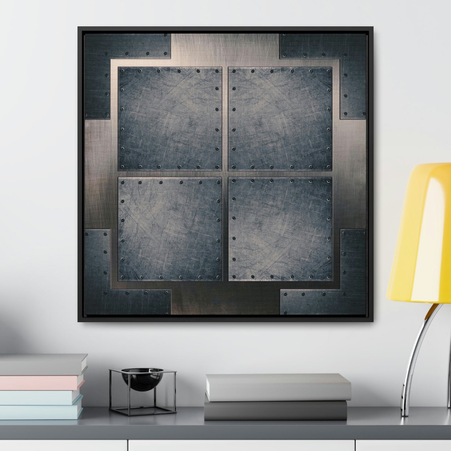 Industrial Themed Wall Decor - Distressed Steel Sheets Print on Canvas in a Floating Frame hung on white wall