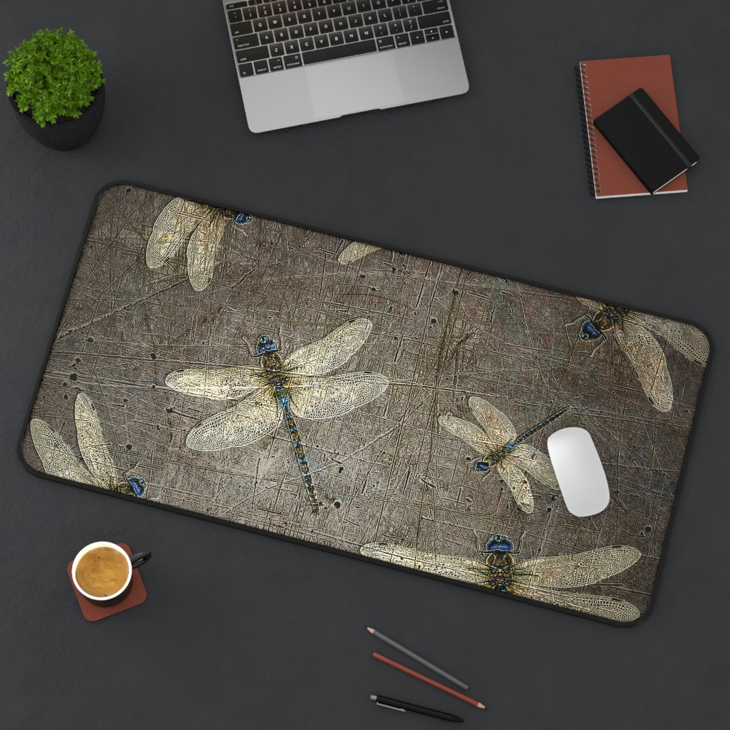 Dragonfly Desk Mat - Flight of Dragonflies on Distressed Grey Background Print 15.5x31 on table