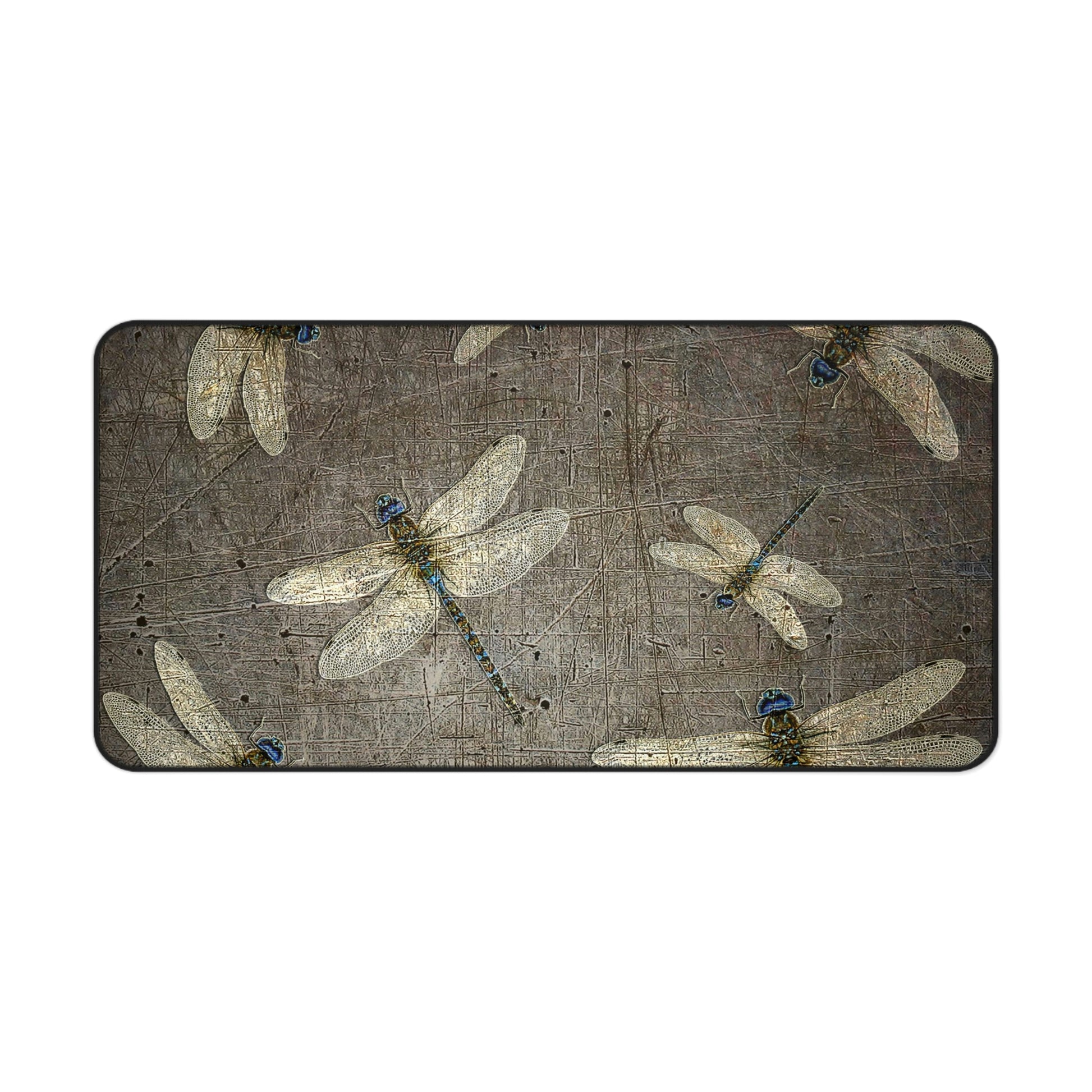 Dragonfly Desk Mat - Flight of Dragonflies on Distressed Grey Background Print 15.5x31 in situ