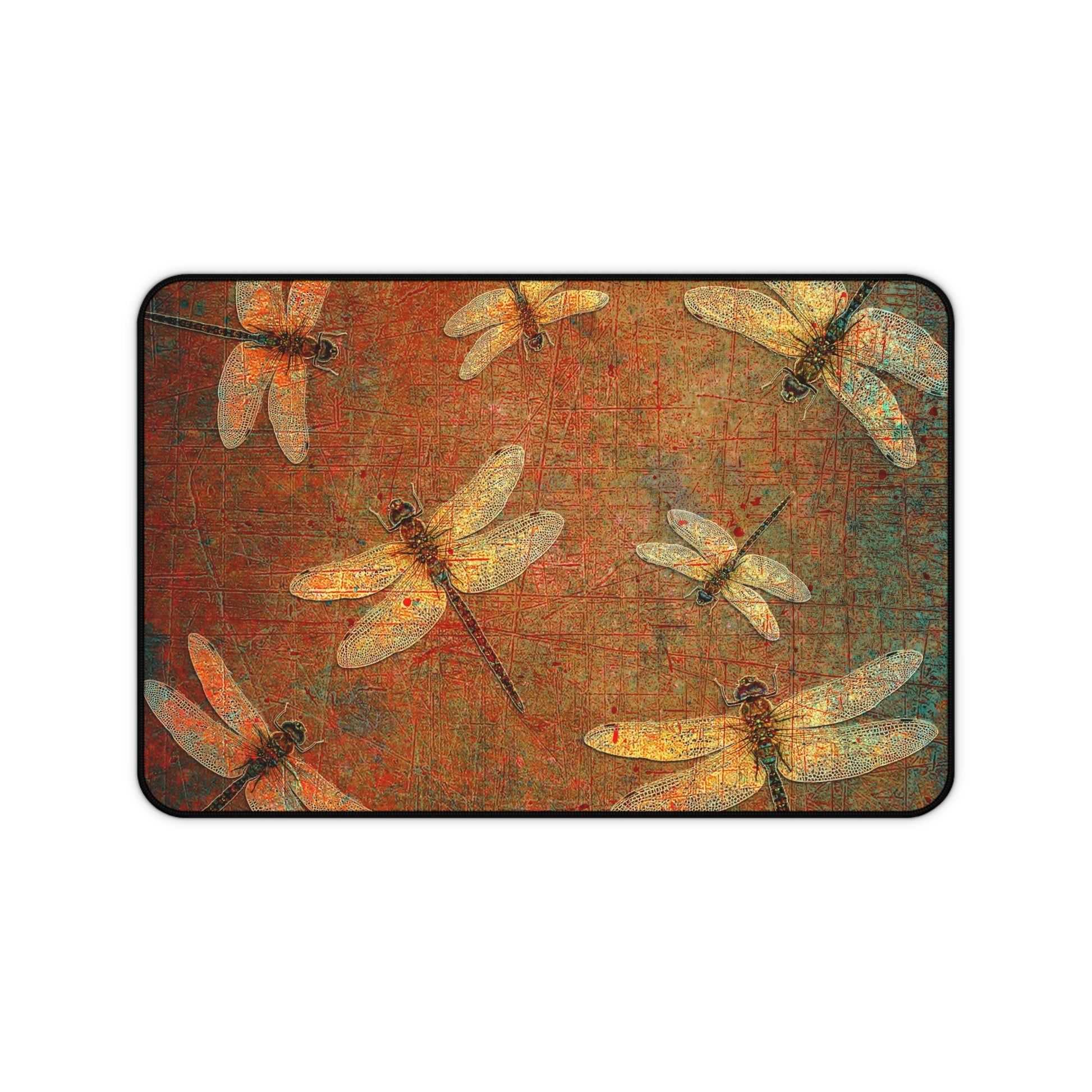 Dragonfly Desk Mat - Flight of Dragonflies on Brown and Orange Background 12x18
