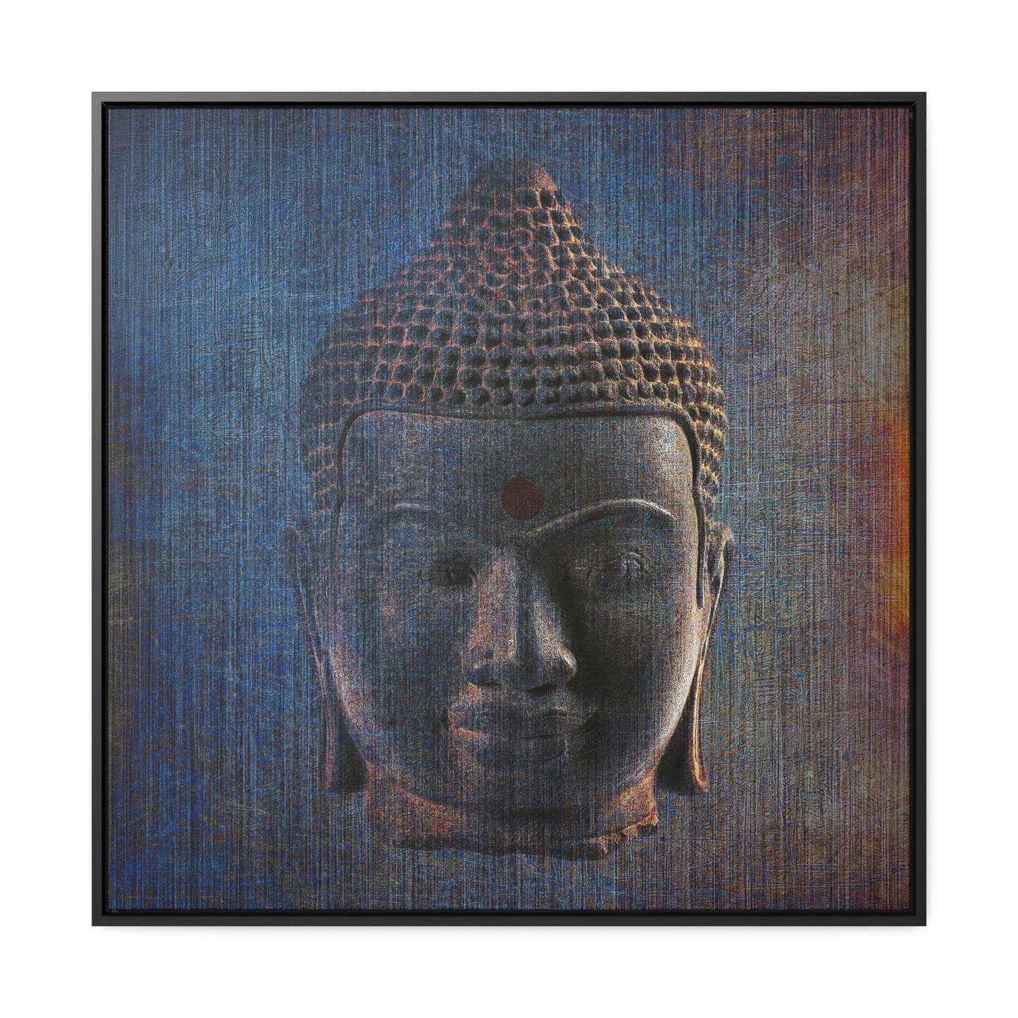 Modern Art - Distressed Blue Buddha Head Print on Square Canvas in a Floating Frame
