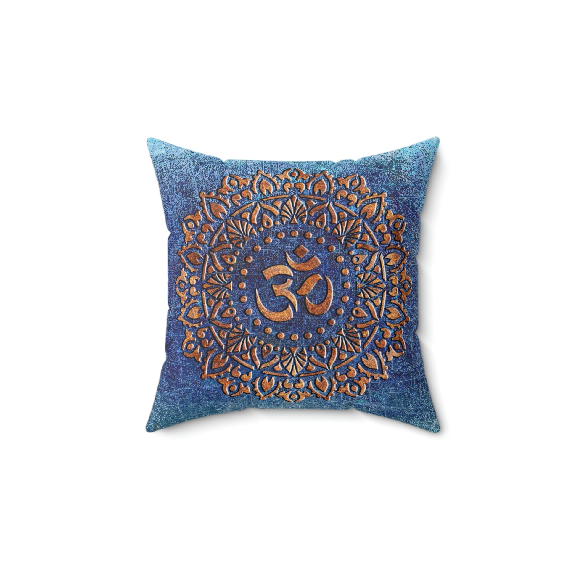 Copper Color Ohm Symbol Mandala Style Print on Distressed Blue Background Square Pillow front view