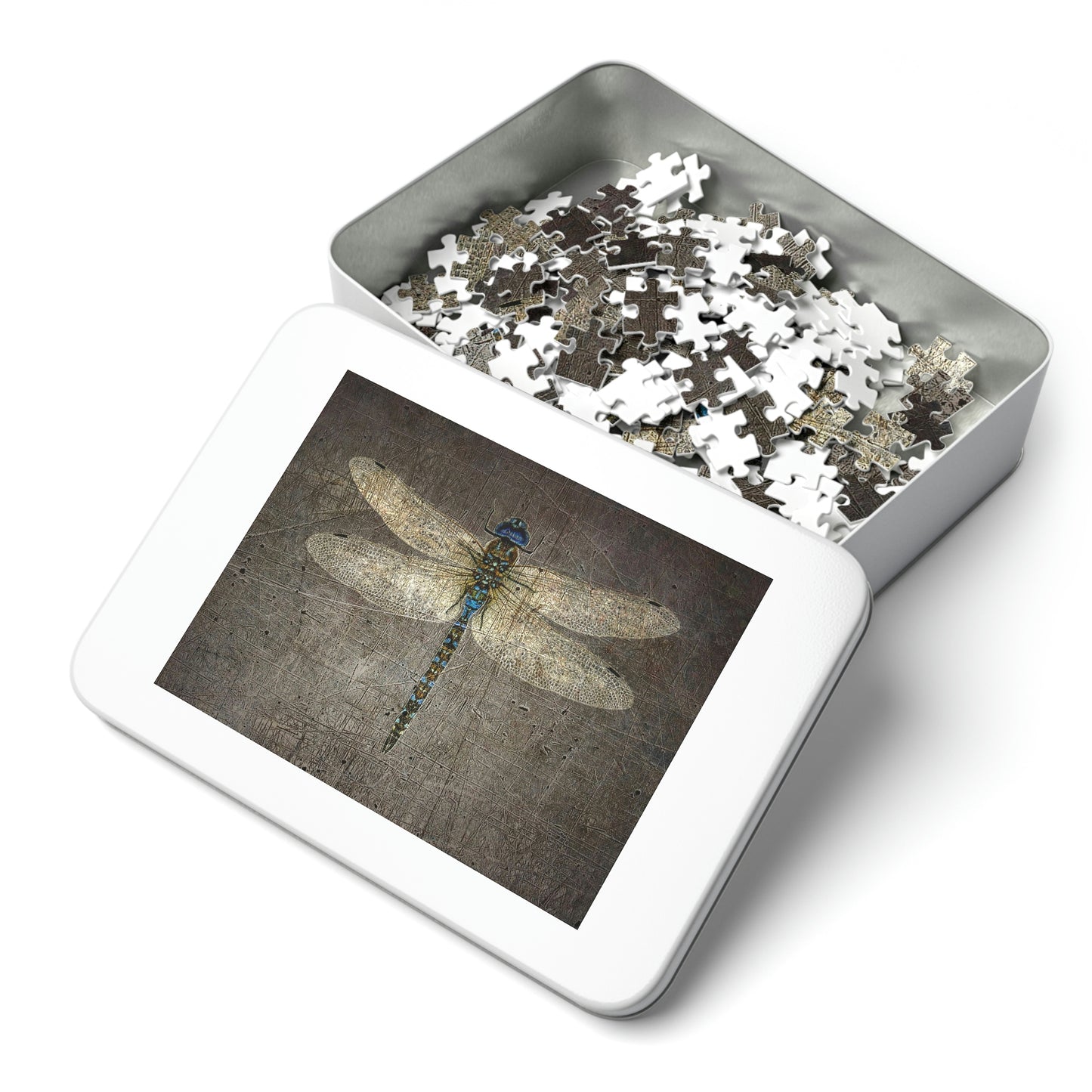 Dragonfly on Distressed Granite Background Puzzle 250 pieces in tin