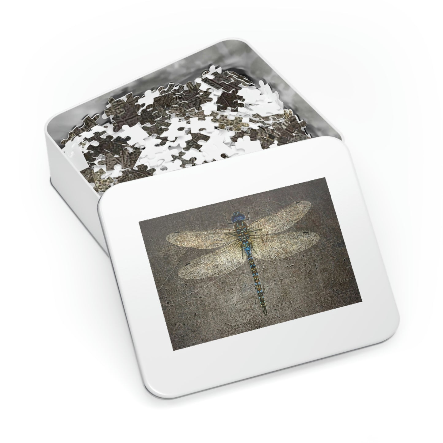Dragonfly on Distressed Granite Background Puzzle 1000 pieces in tin