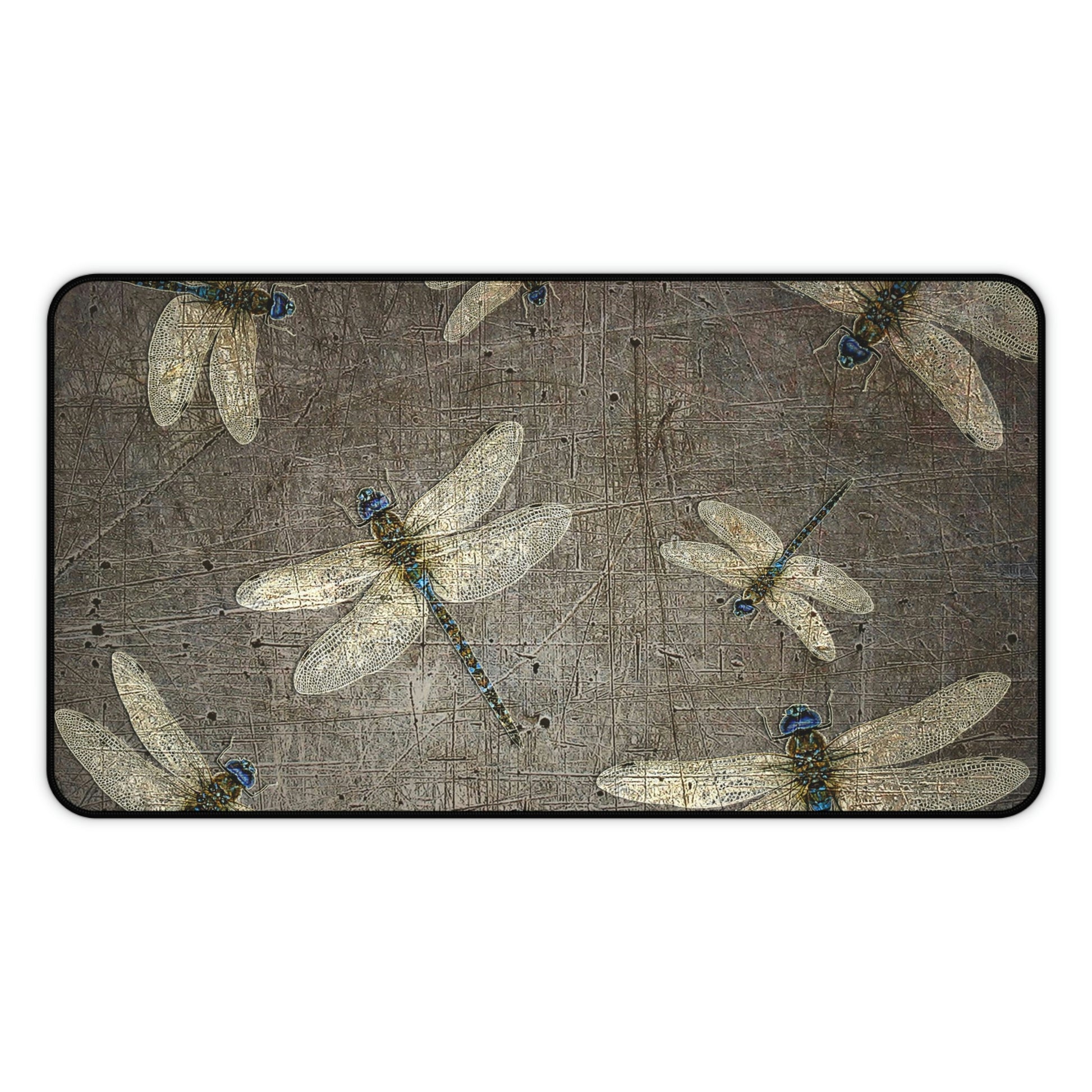 Dragonfly Desk Mat - Flight of Dragonflies on Distressed Grey Background Print 12x22