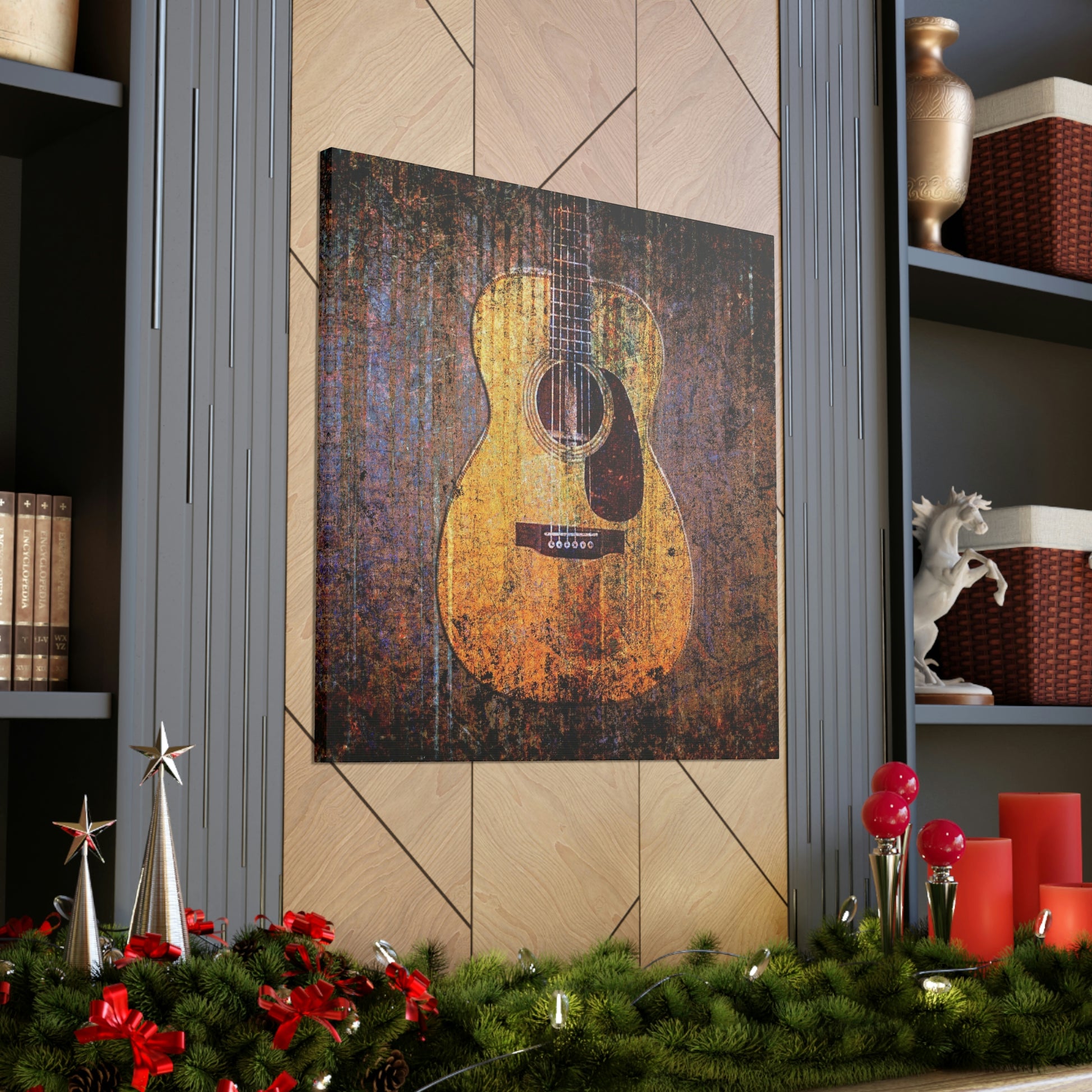 Gift for Guitarists and Musicians Acoustic Guitar Print on Unframed Stretched Canvas hung above mantle