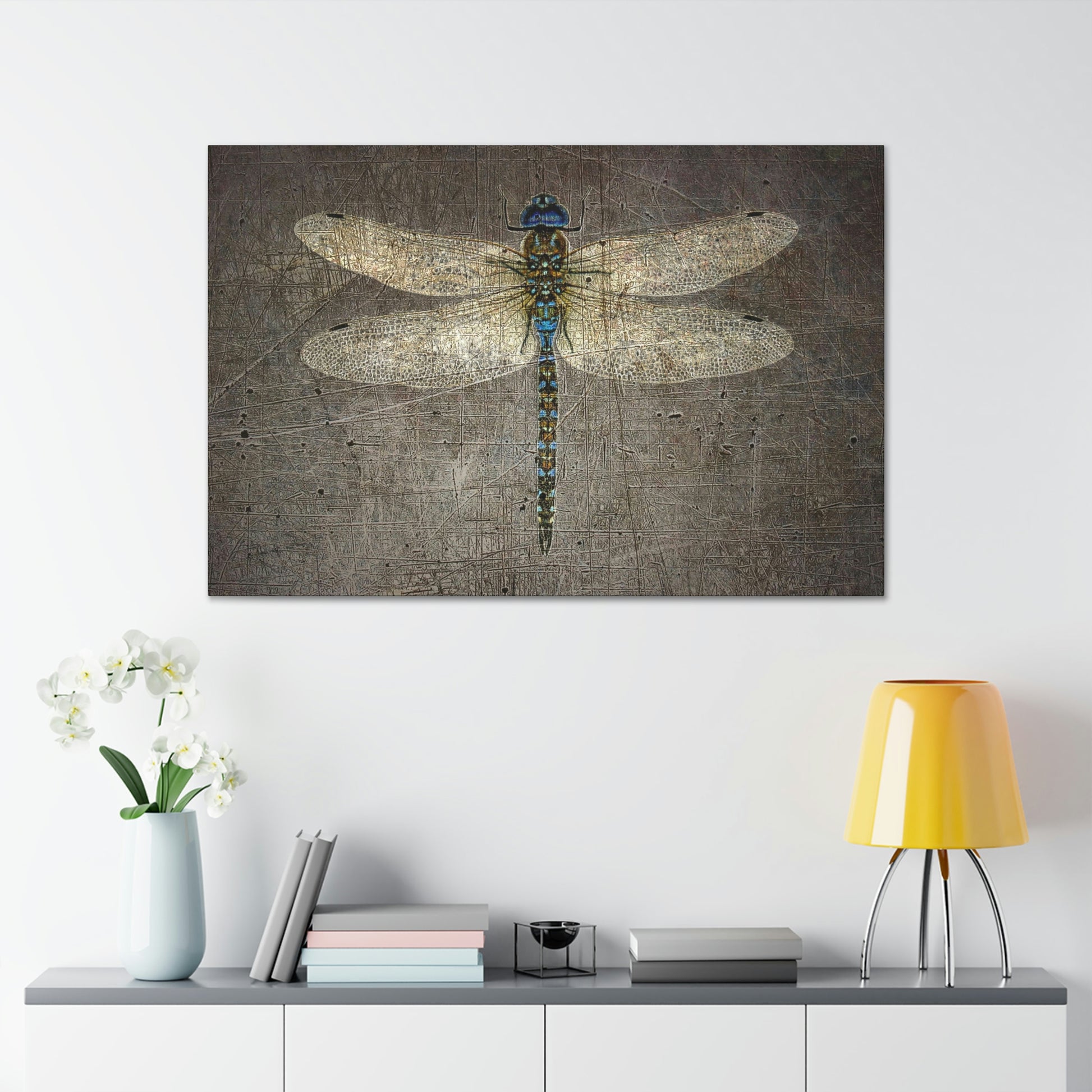 Dragonfly on Distressed Stone Background Rectangular Print on Unframed Stretched Canvas hung on wall