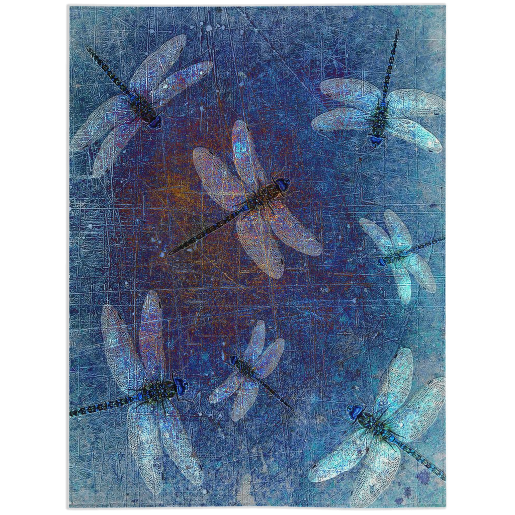 Dragonfly Themed Blankets - Flight of Dragonflies on Distressed Blue Background Printed on Minky Blankets
