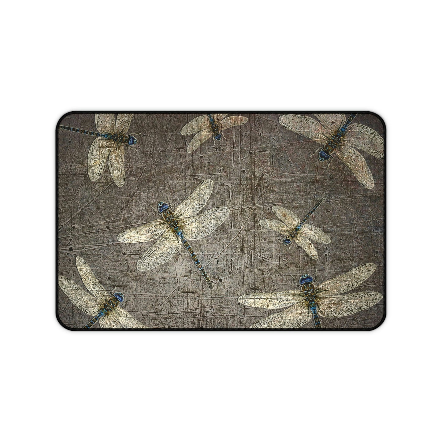Dragonfly Desk Mat - Flight of Dragonflies on Distressed Grey Background Print 12x18 in situ