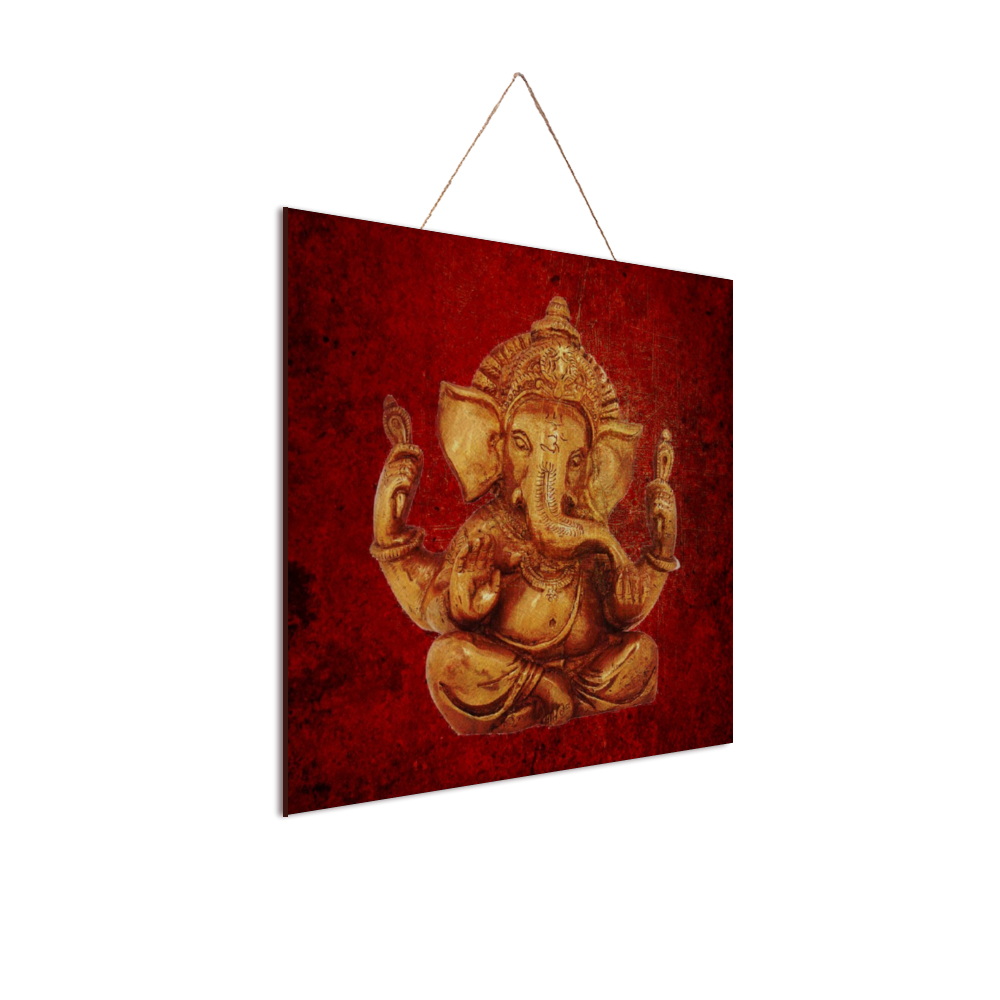 Gold Ganesha on a Distressed Lava Red Background Print on Wood side view