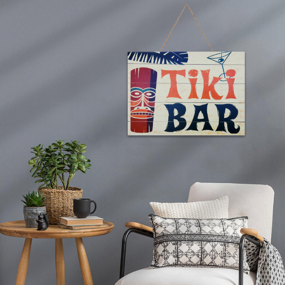 Aloha Tiki Bar Horizontal Print on Wood 14" x 10" hung above chair
