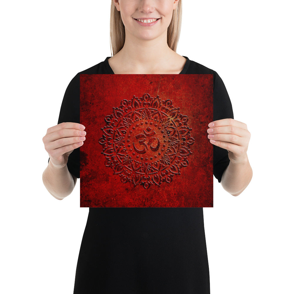 Om Symbol Mandala Style on Lava Red Background - Museum-quality Print on Archival Paper 12x12
