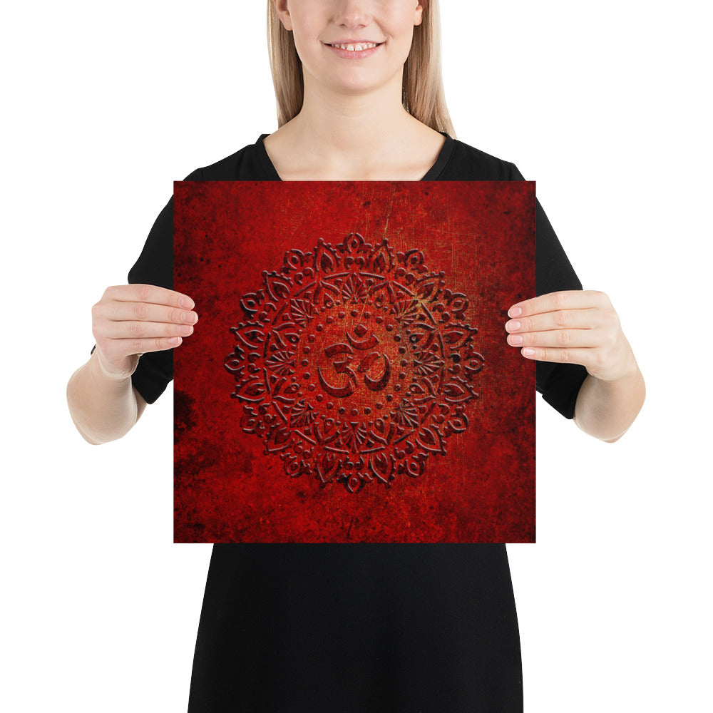 Om Symbol Mandala Style on Lava Red Background - Museum-quality Print on Archival Paper 14x14