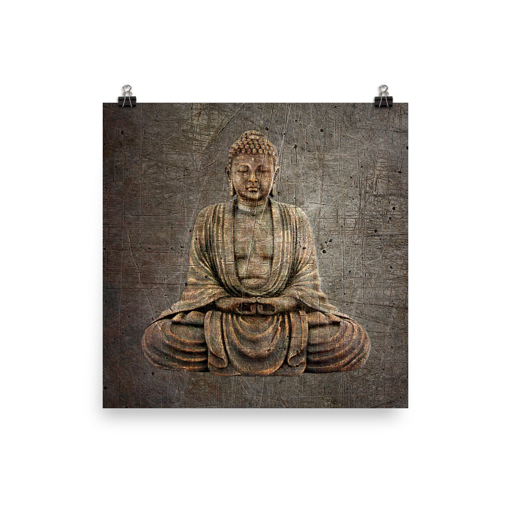 Sitting Buddha on Distressed Stone Background - Museum-quality Art print on Archival Paper