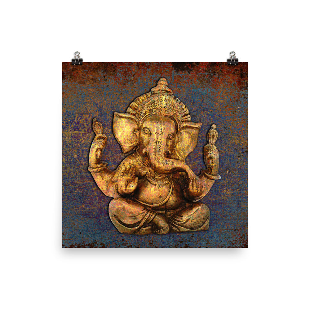 Gold Ganesha on a Distressed Purple and Orange Background Museum-quality Print on Archival Paper