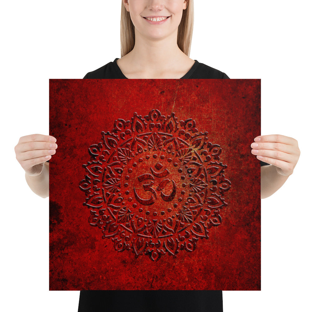 Om Symbol Mandala Style on Lava Red Background - Museum-quality Print on Archival Paper 18x18