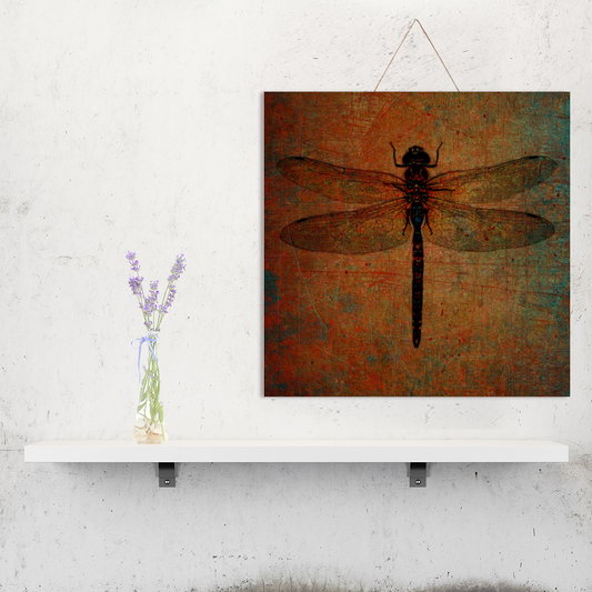 Dragonfly on Distressed Brown Background Print on Wooden Plaque hung