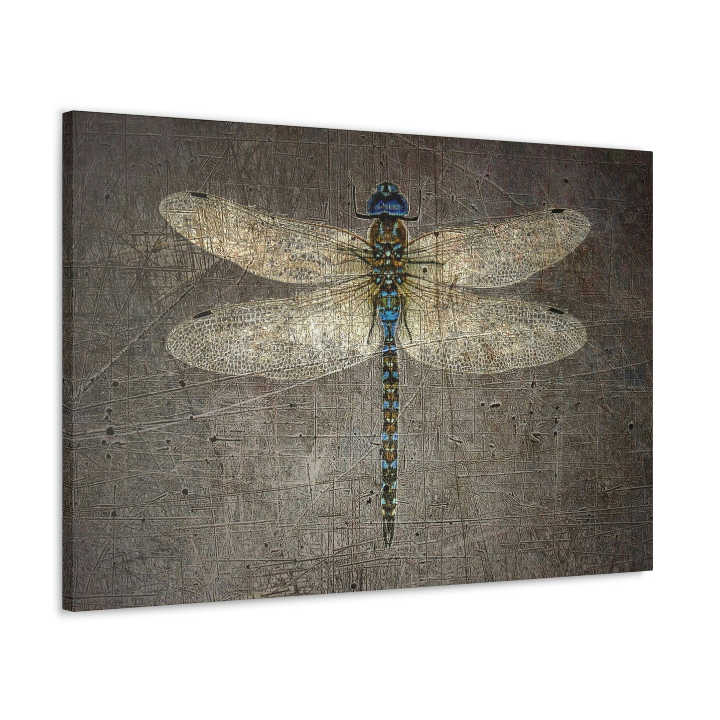 Dragonfly on Distressed Stone Background Rectangular Print on Unframed Stretched Canvas side view