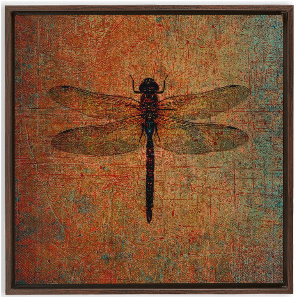 Dragonfly on Distressed Brown Background Square Floating Frame Canvas
