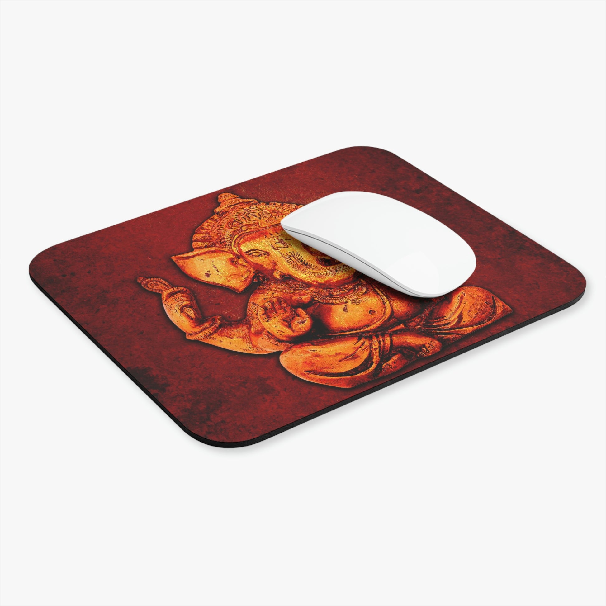 Hindu Deities Themed Desk Accessories - Gold Ganesha on Lava Red Background Print on Mouse Pad with mouse