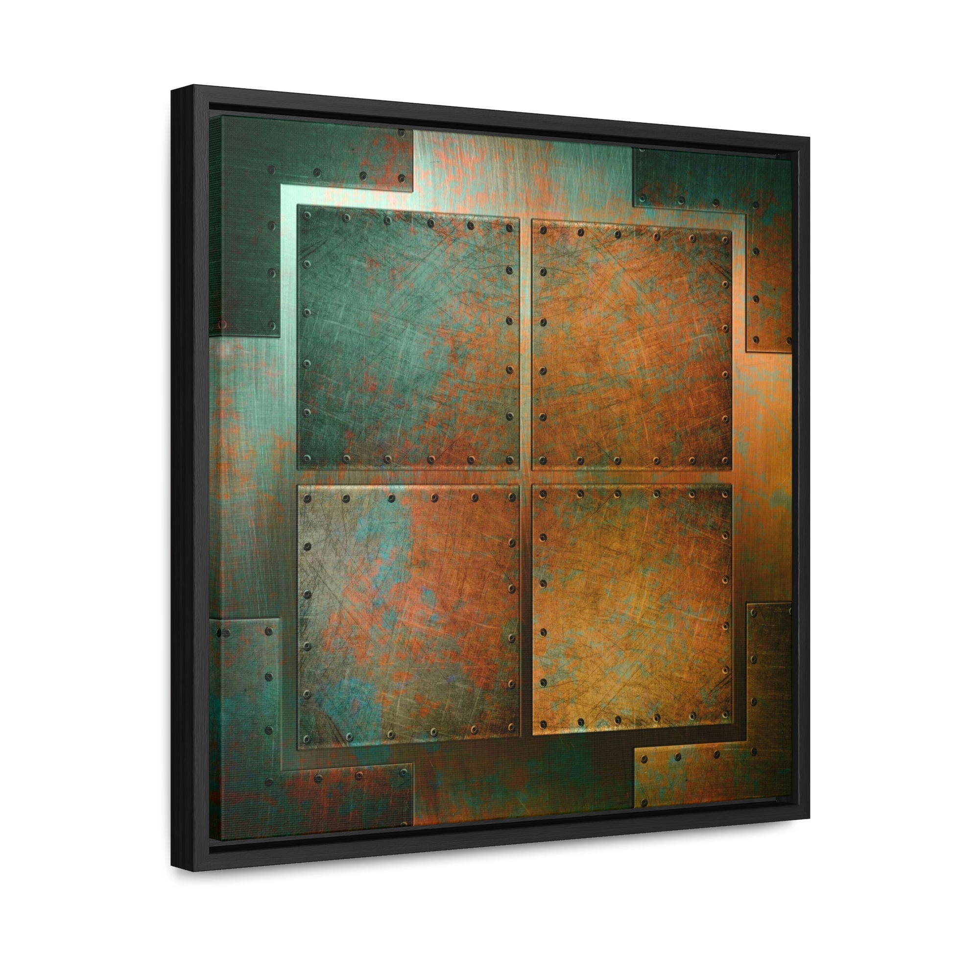 Steampunk Themed Wall Decor - Patinated, Riveted Copper Sheets Print on Canvas in a Floating Frame side view