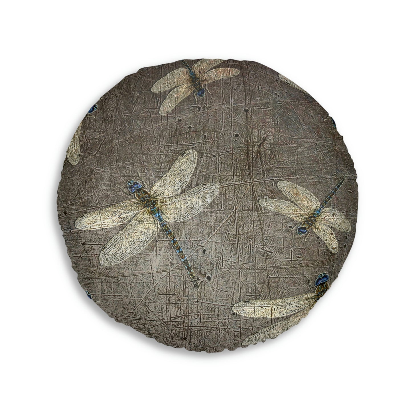 Dragonfly on Distressed Stone Background Print on 2 Sided Round Tufted Floor Pillow.
