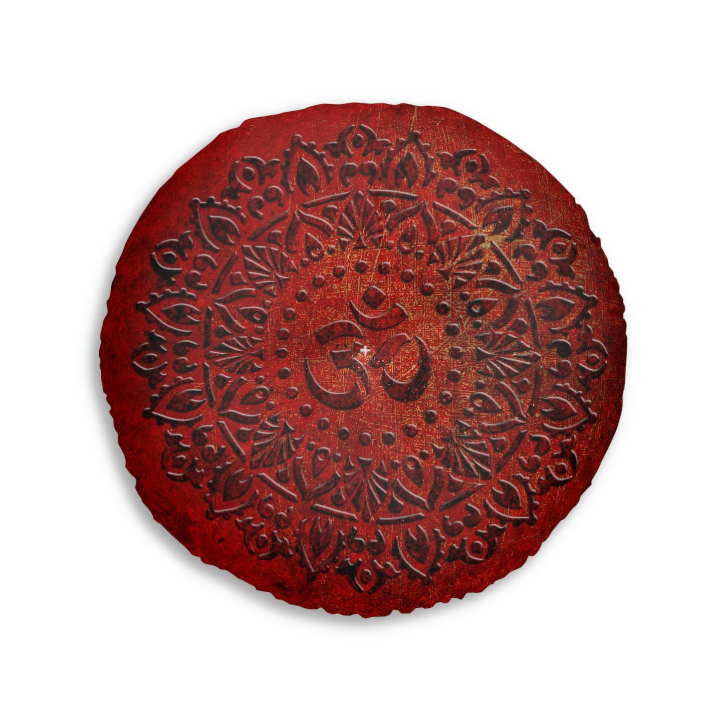 Mandala Style Om Symbol on Lava Red Background Print on Round Tufted Floor Pillow.