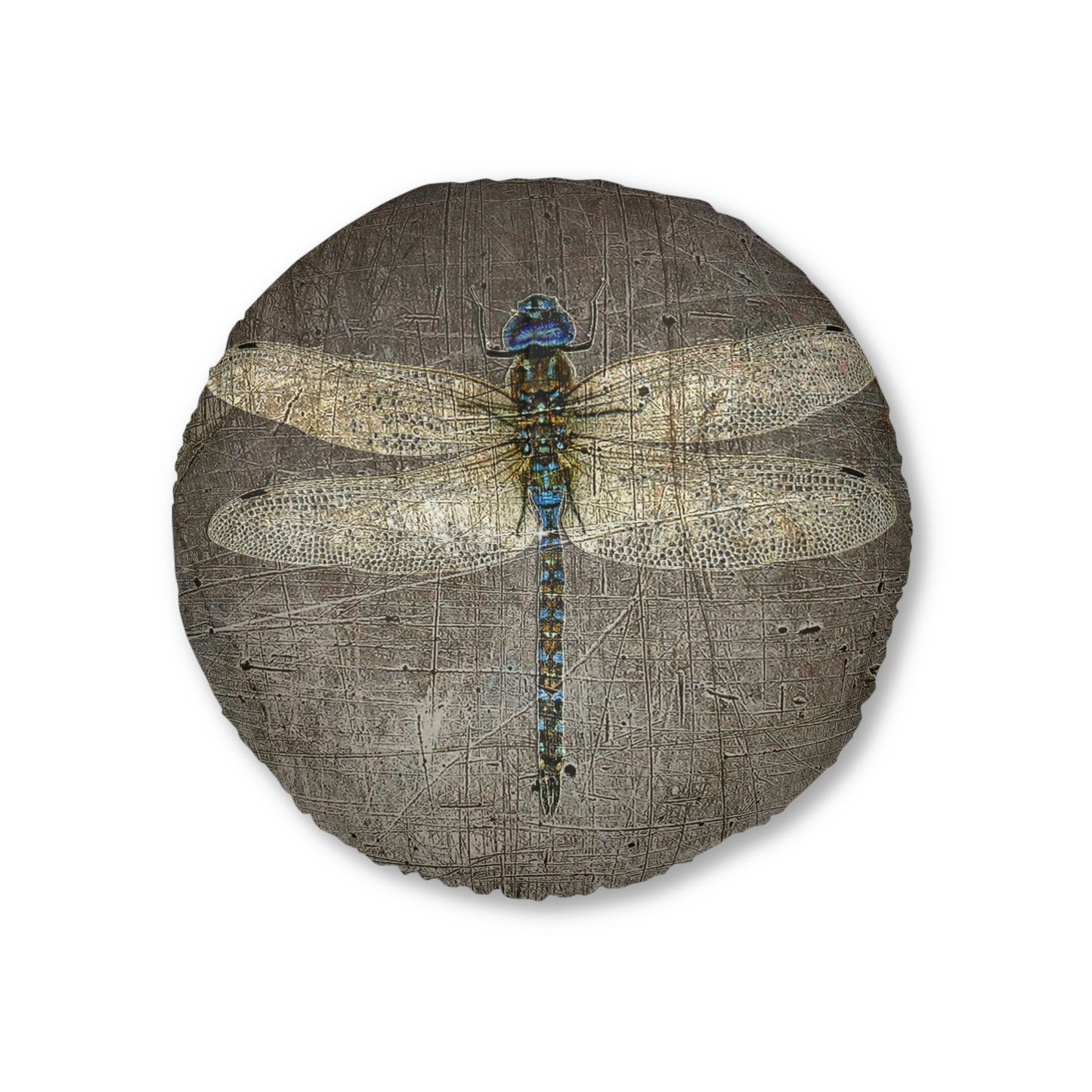 Dragonfly on Distressed Stone Background Print on 2 Sided Round Tufted Floor Pillow.