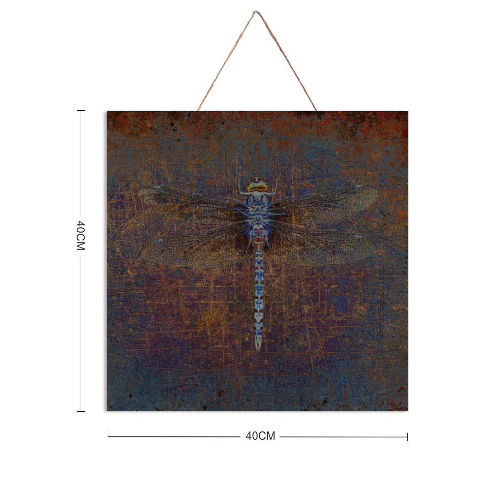 Dragonfly on Distressed Purple and Orange Background Print on Wood with dimensions