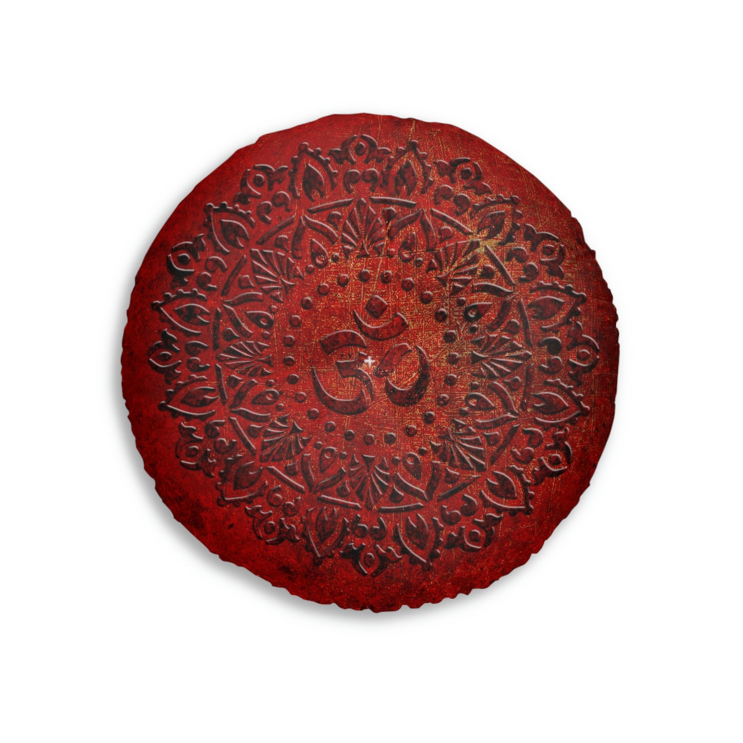 Mandala Style Om Symbol on Lava Red Background Print on Round Tufted Floor Pillow.