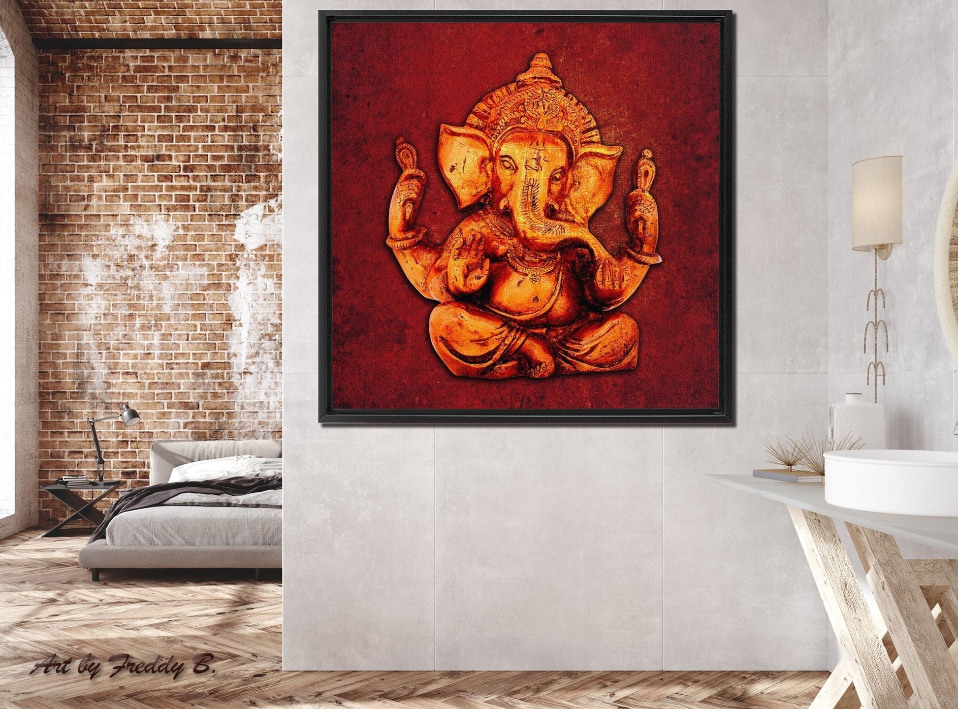 Ganesha on a distressed Red background Floating Frame Canvas hung on wall