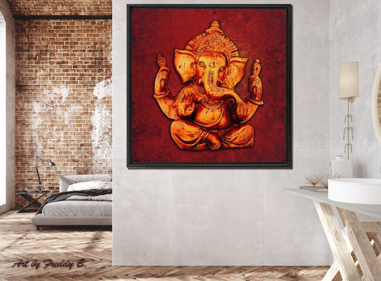 Ganesha on a distressed Red background Floating Frame Canvas hung on wall