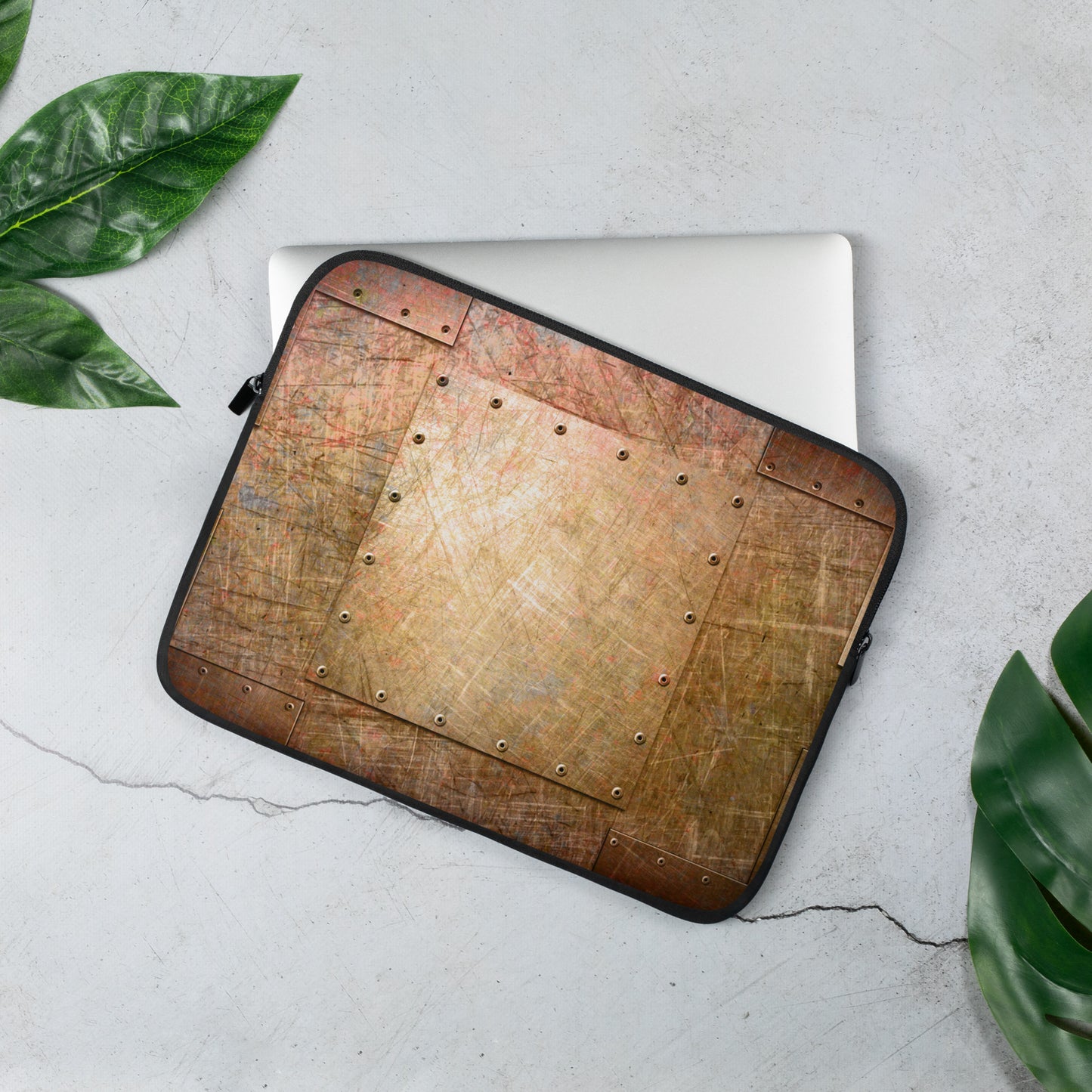 Steampunk Themed Laptop Sleeve - Distressed Riveted Copper Sheets Print on Computer Bag 13 inches
