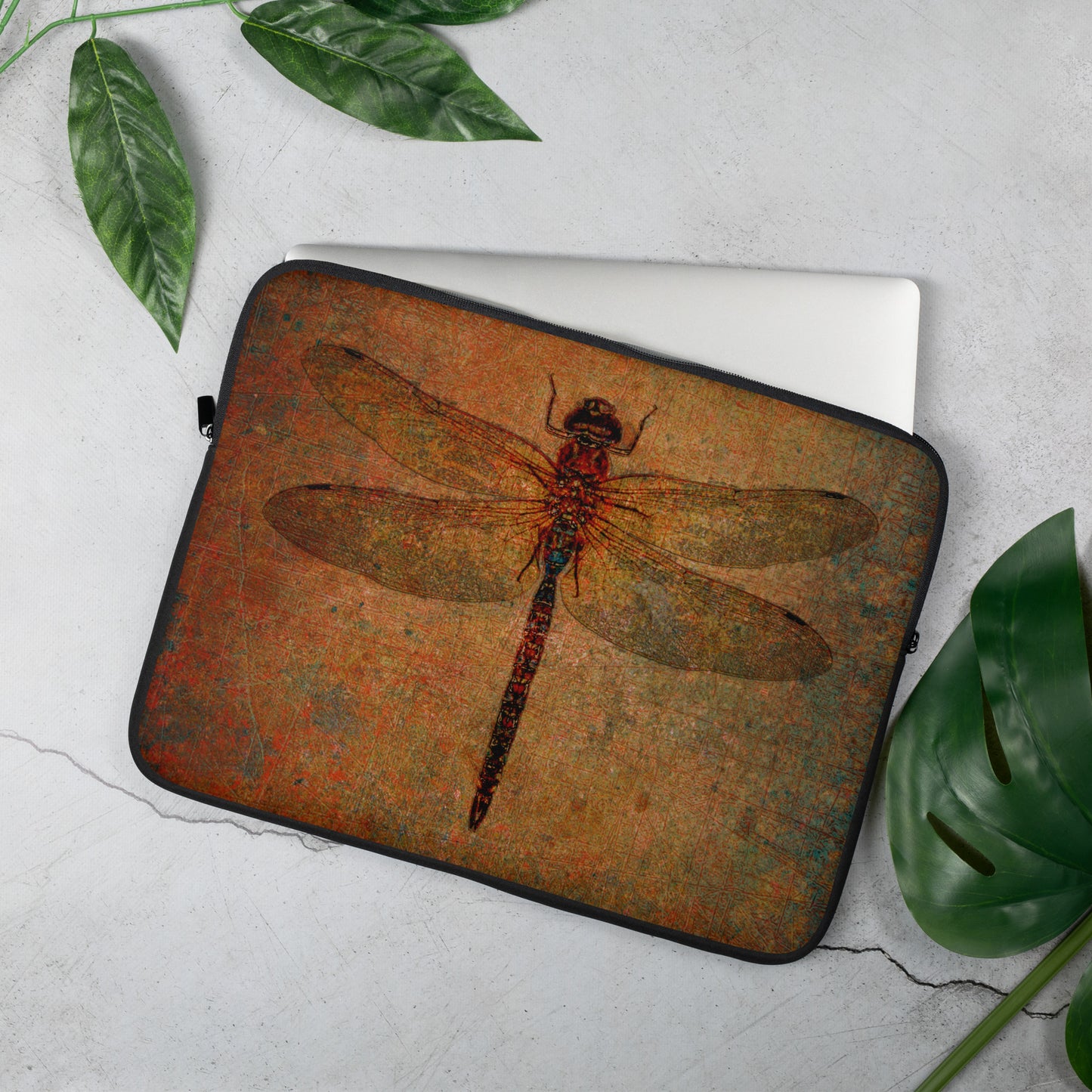 Dragonfly on Distressed Brown Stone Computer, Laptop or MacBook Sleeve 15 inches