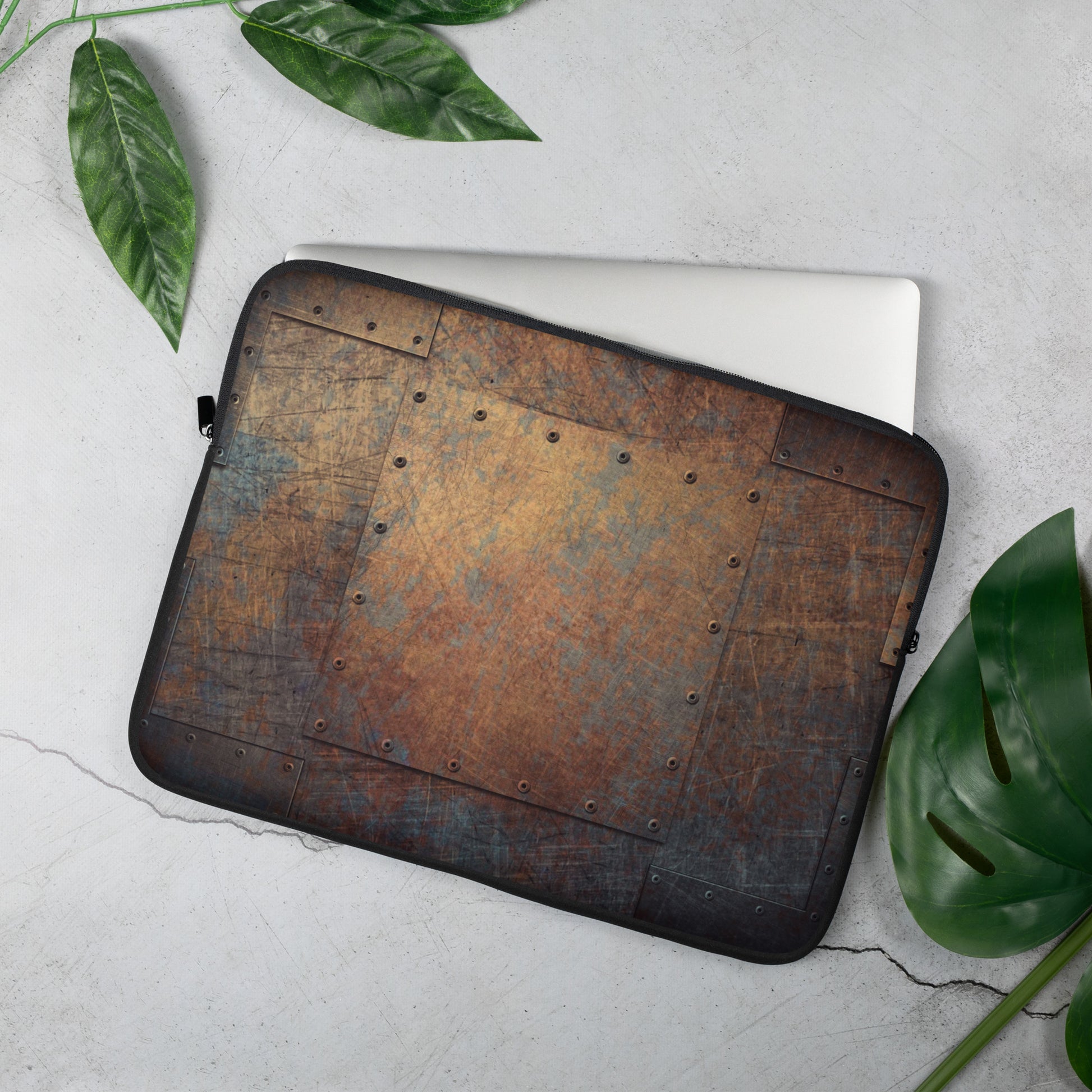Steampunk, Industrial Themed Laptop Sleeve - Patinated, Weather Beaten, Riveted Copper Sheets Print 15 inches