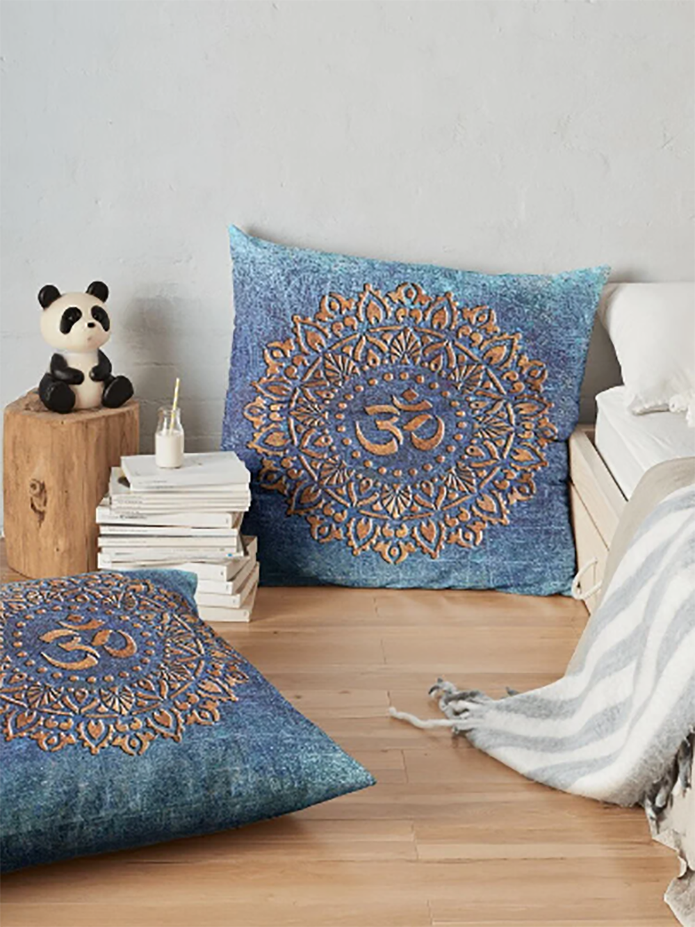 pair of Copper Color Ohm Symbol Mandala Style Print on Distressed Blue Background Square Pillow