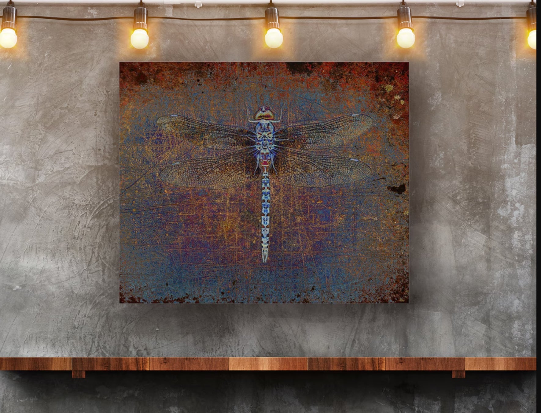 Recycled metal wall art dragonfly on distressed orange and purple background print on upcycled aluminum  hung on wall