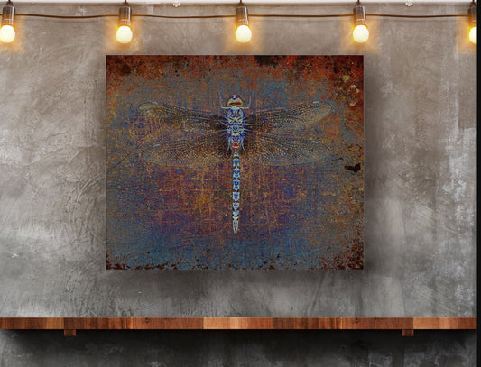 Recycled metal wall art dragonfly on distressed orange and purple background print on upcycled aluminum  hung on wall
