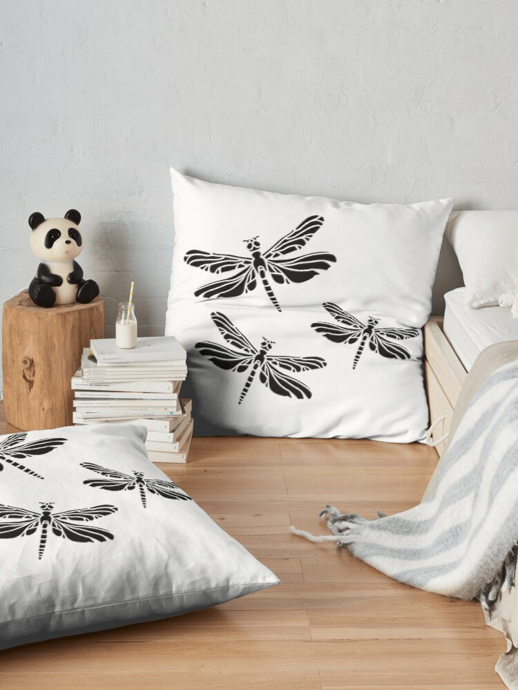 Pair of Minimalist square white pillow with 3 black Dragonflies